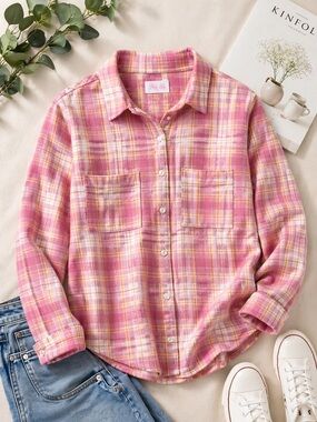 Pink Lily Plaid Shirt in Pink and Yellow